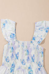Sky Blue Floral Smocked High Waist Double Ruffle Sleeveless Long Dress Maxi Dresses JT's Designer Fashion