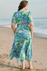 Green Leaves Print Short Sleeve Surplice Neck Ruffled Trim Plus Size Maxi Dress Plus Size Maxi Dresses JT's Designer Fashion