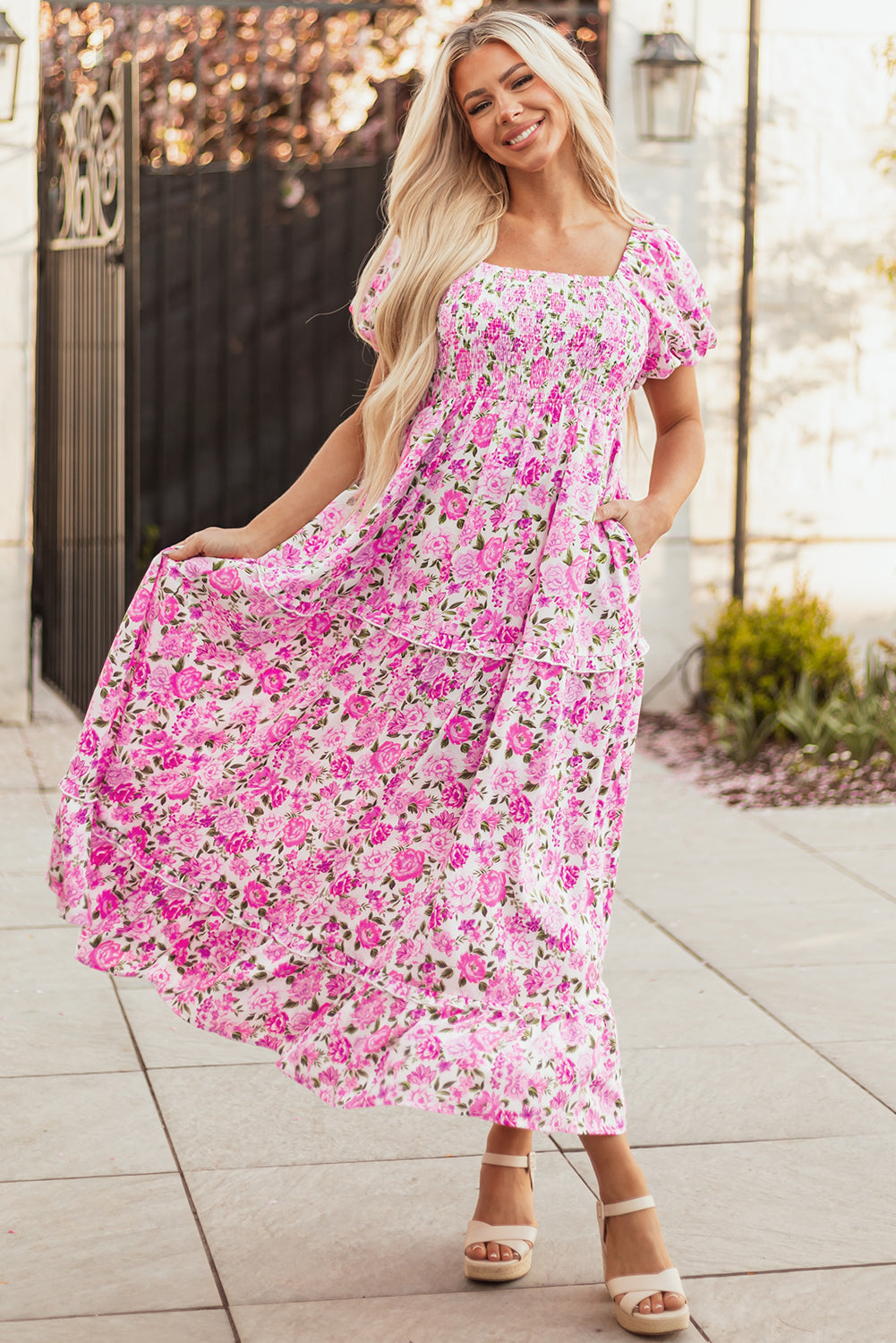 Pink Dainty Floral Smocked Puff Sleeve Flowy Long Dress Maxi Dresses JT's Designer Fashion