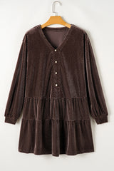 Dark Brown Textured Velvet V Neck Shift Dress Mini Dresses JT's Designer Fashion