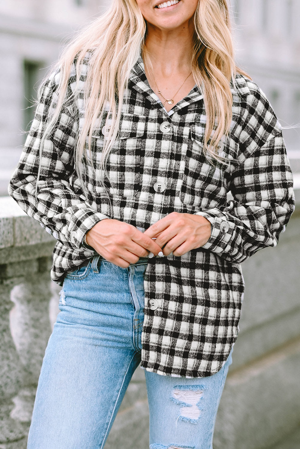 Black Plaid Print Chest Pockets Buttoned Tunic Shacket Plaid Shackets JT's Designer Fashion