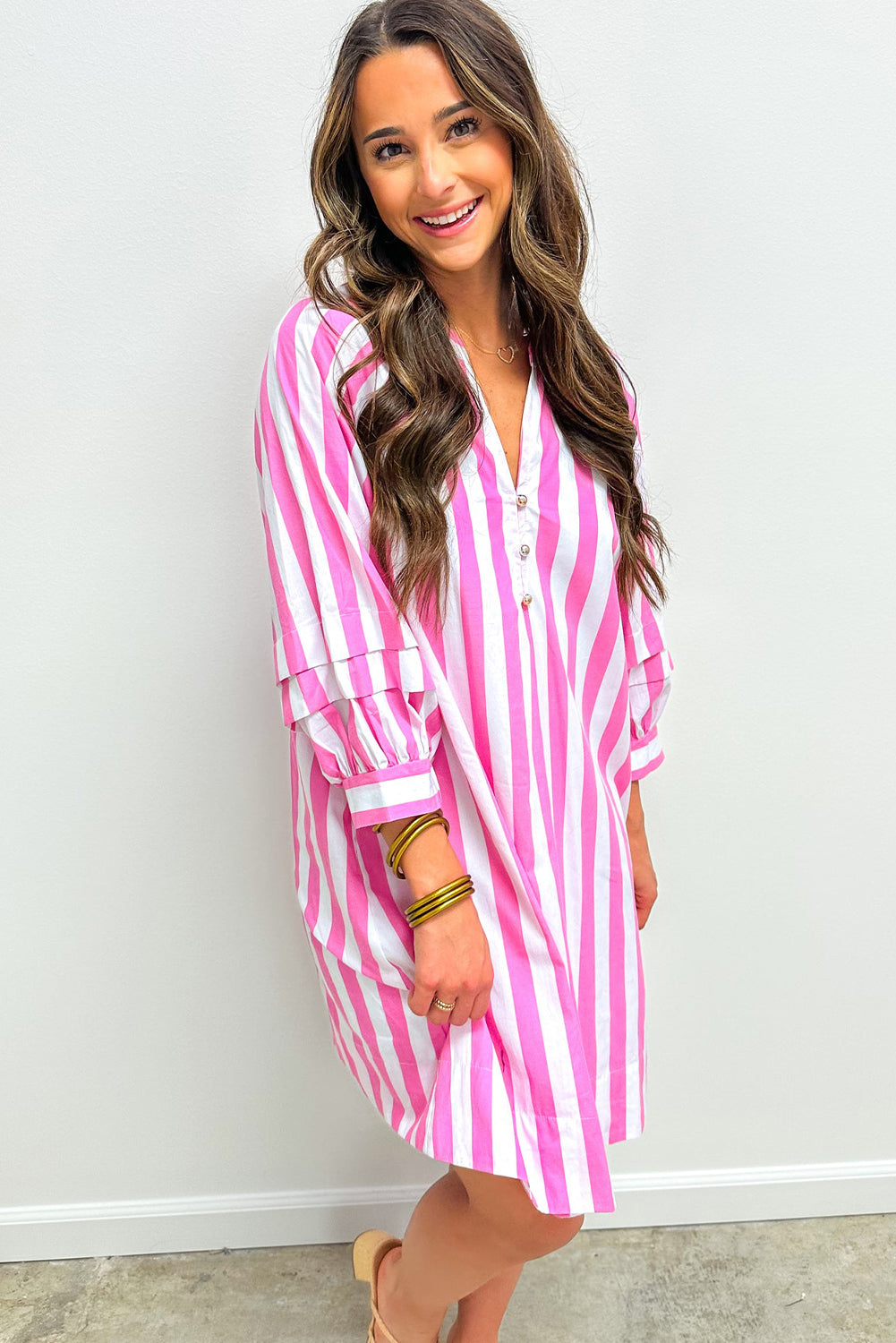 Rose Stripe Bracelet Sleeve Buttons Loose Mini Dress Mini Dresses JT's Designer Fashion