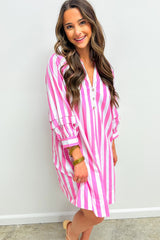 Rose Stripe Bracelet Sleeve Buttons Loose Mini Dress Mini Dresses JT's Designer Fashion