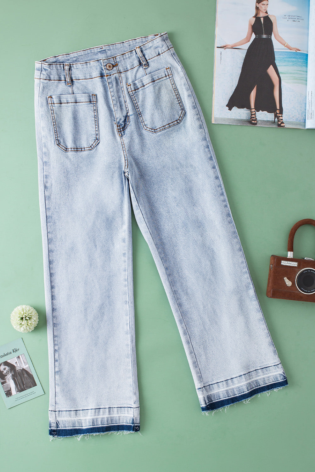 Beau Blue Acid Wash Contrast Edge Pocketed Cropped Jeans Jeans JT's Designer Fashion