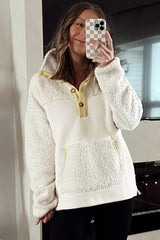 Beige Fleece Colorblock Trim Buttons Collar Sweatshirt with Pocket Sweatshirts & Hoodies JT's Designer Fashion