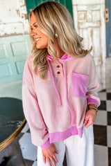 Light Pink Corded Colorblock Patch Pocket Drawstring Hoodie Sweatshirts & Hoodies JT's Designer Fashion