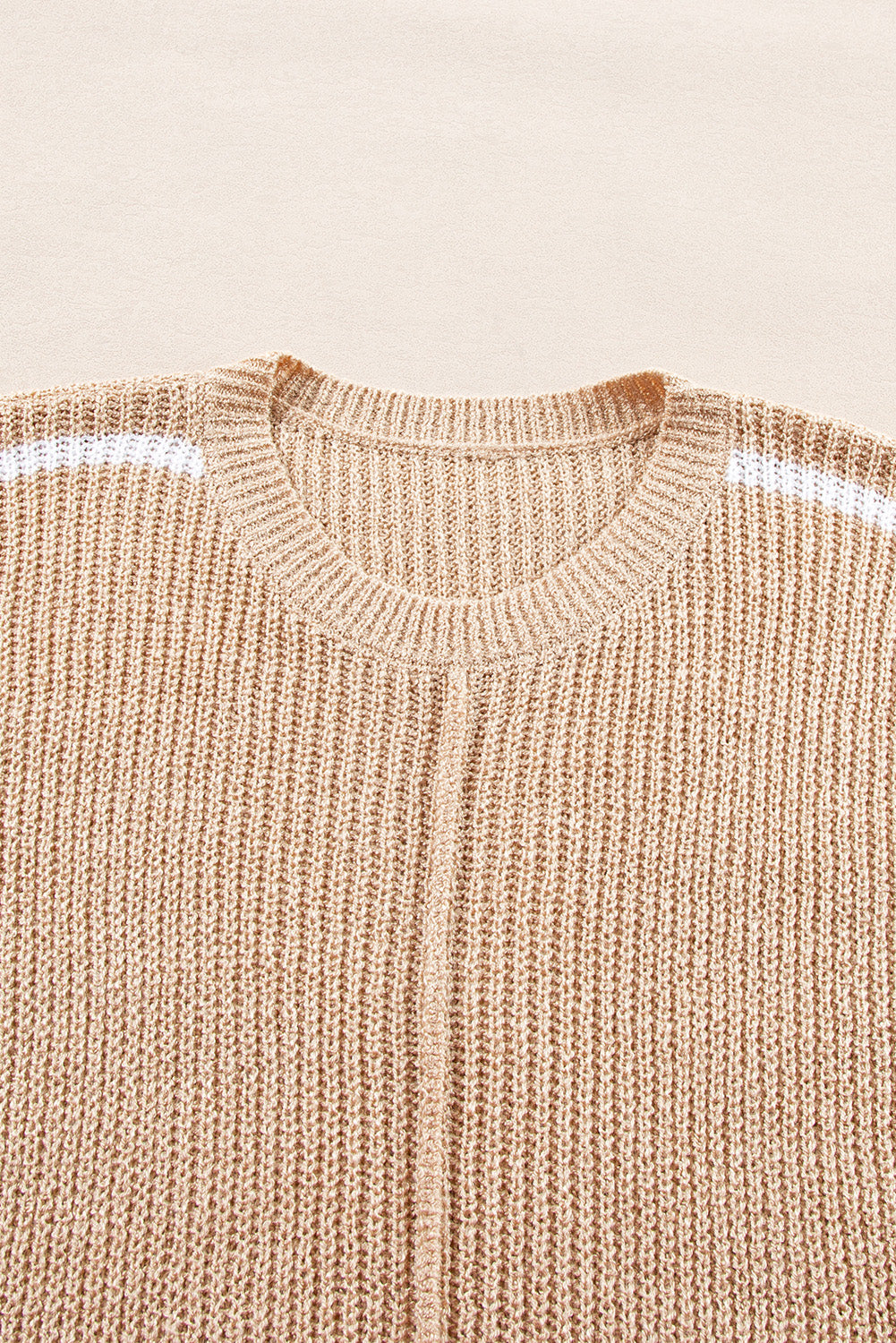 Light French Beige Contrast Striped 3/4 Sleeve Crew Neck Sweater Sweaters JT's Designer Fashion