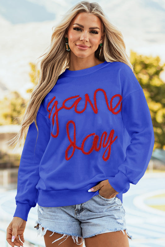 Dark Blue Tinsel Game Day Drop Shoulder Graphic Sweatshirt Sweatshirts & Hoodies JT's Designer Fashion