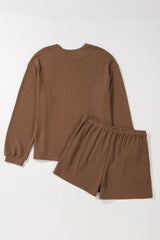 Chestnut Corded Knit Long Sleeve Top and High Waist Shorts Set Short Sets JT's Designer Fashion