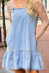 Beau Blue Bow Detail Spaghetti Straps Ruffle Hem Denim Short Dress Mini Dresses JT's Designer Fashion