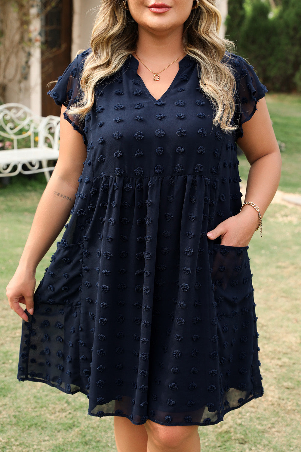 Navy Blue Dotty Textured Notched Neck Plus Ruffled Dress Plus Size Mini Dresses JT's Designer Fashion