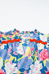 Sky Blue Floral Printed V Notched Ric Rac Flutter Sleeve Dress Floral Dresses JT's Designer Fashion