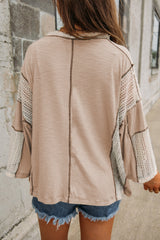 Parchment Crochet Detail Exposed Seam High Low Loose Top Long Sleeve Tops JT's Designer Fashion