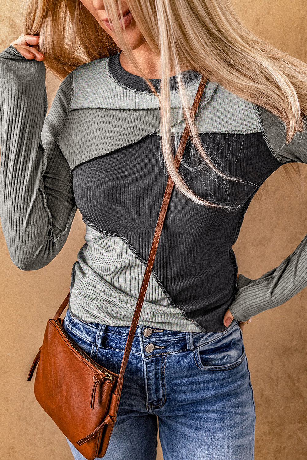 Gray Expose Seam Color Block Ribbed Knit Top Long Sleeve Tops JT's Designer Fashion