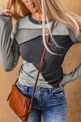 Gray Expose Seam Color Block Ribbed Knit Top Long Sleeve Tops JT's Designer Fashion