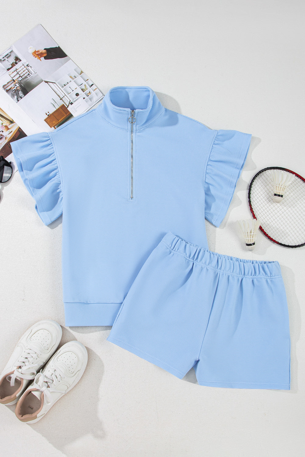 Beau Blue Ribbed Texture Half Zip Ruffled Short Sleeve Top and Shorts Set Short Sets JT's Designer Fashion