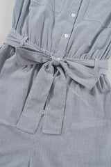 Blue Stripe Chest Pockets Buttoned Belted High Waist Romper Jumpsuits & Rompers JT's Designer Fashion