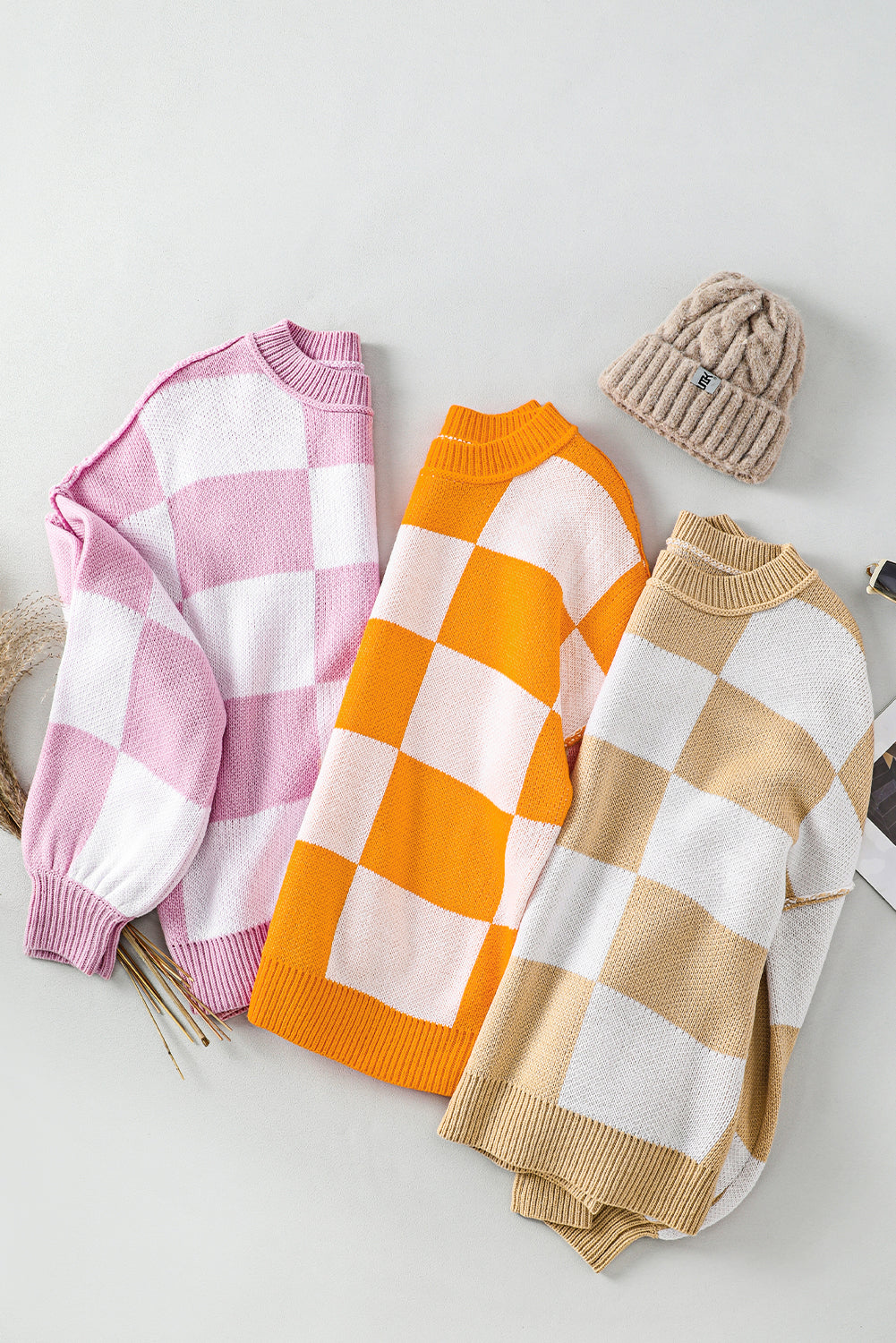 Pink Checkered Bishop Sleeve Sweater Sweaters JT's Designer Fashion