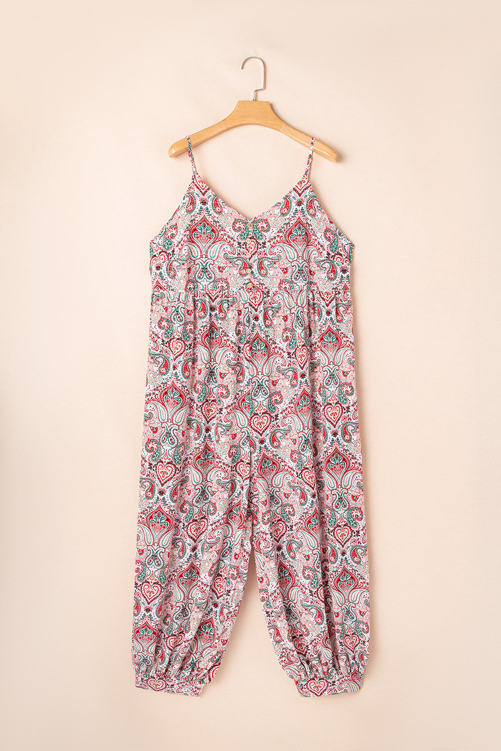 Multicolour Plus Size Paisley Print Sleeveless V Neck Jogger Jumpsuit Plus Size Bottoms JT's Designer Fashion