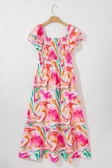 Pink Abstract Print Ruffled Sleeve Smocked Bust Long Dress Maxi Dresses JT's Designer Fashion