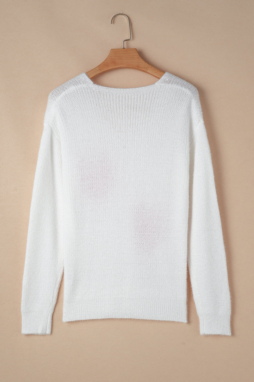 White Pearl Beaded Heart Pattern Fuzzy V Neck Sweater Sweaters JT's Designer Fashion