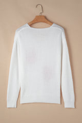 White Pearl Beaded Heart Pattern Fuzzy V Neck Sweater Sweaters JT's Designer Fashion