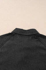 Black Frilled Short Sleeve Button Up Loose Denim Shirt Dress Mini Dresses JT's Designer Fashion