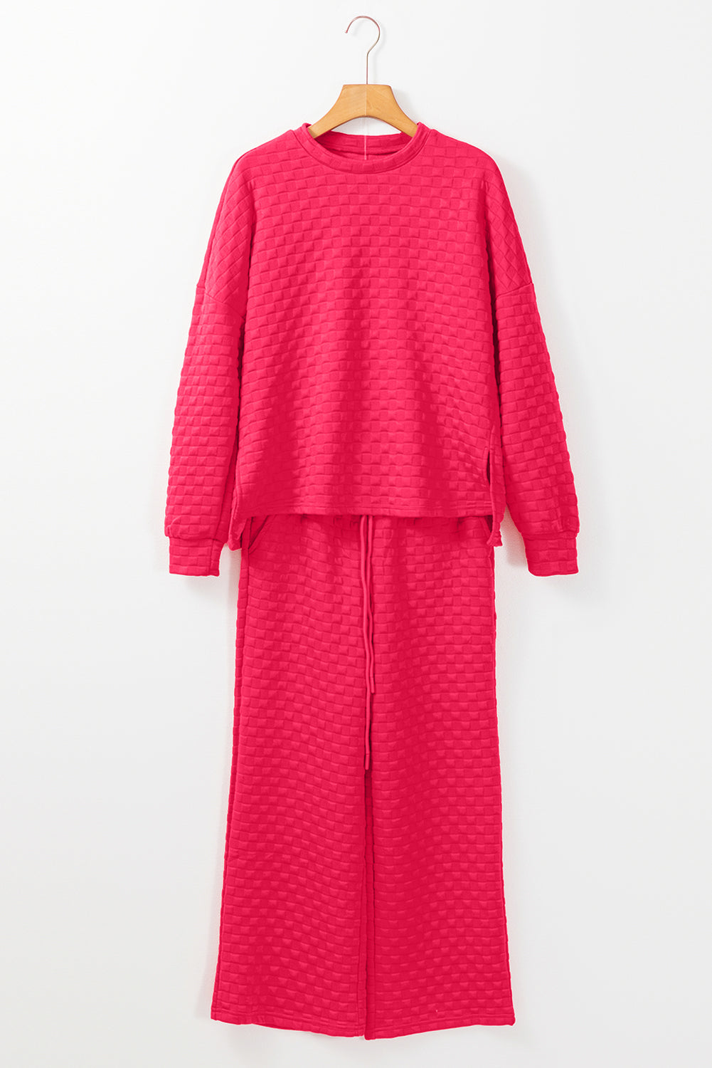 Strawberry Pink Checkered Textured Split Pullover Top and Pants Set Pant Sets JT's Designer Fashion