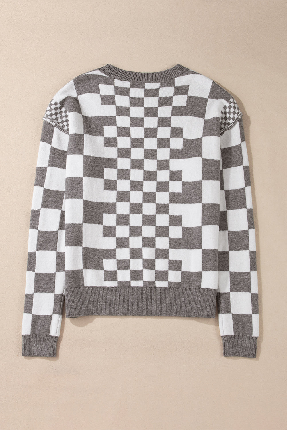 Gray Checkered Print Drop Shoulder Round Neck Sweater Sweaters JT's Designer Fashion