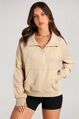 Parchment Quarter Zip Stand Neck Kangaroo Pocket Sweatshirt Sweatshirts & Hoodies JT's Designer Fashion