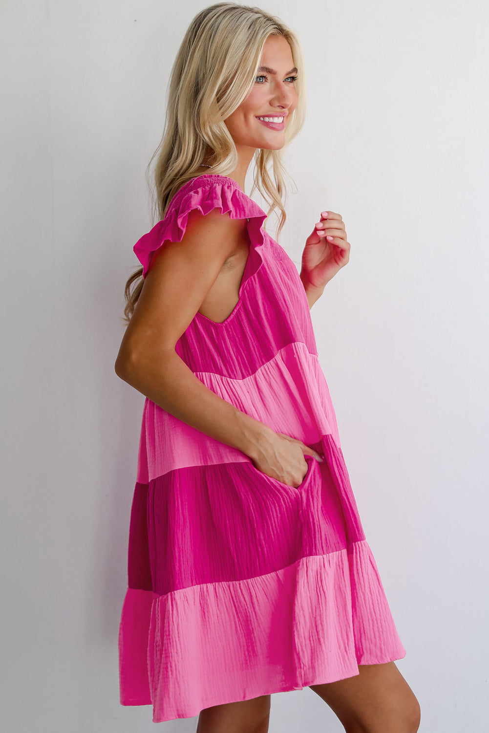 Pink Crinkled Colorblock Patchwork Flutter Tiered Mini Dress Mini Dresses JT's Designer Fashion
