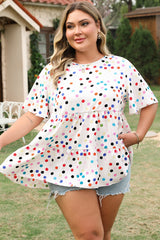 Beige Colorful Polka Dot Print Short Sleeve Ruffled Plus Size Babydoll Blouse Plus Size Blouses & Shirts JT's Designer Fashion