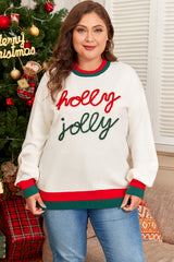White Tinsel holly jolly Pattern Colorblock Edge Drop Shoulder Plus Size Sweater Plus Size Sweaters & Cardigans JT's Designer Fashion