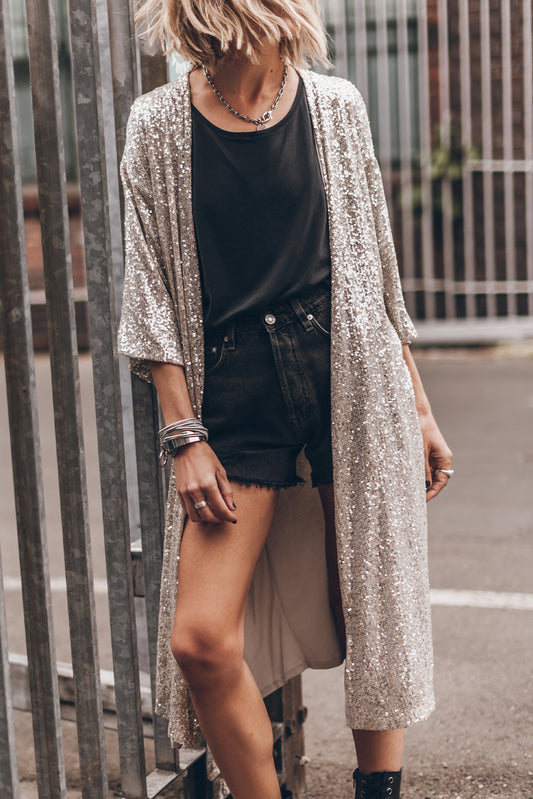 Apricot Sequin 3/4 Sleeve Open Front Duster Kimono Apricot 95%Polyester+5%Elastane Kimonos JT's Designer Fashion