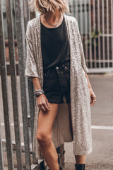 Apricot Sequin 3/4 Sleeve Open Front Duster Kimono Apricot 95%Polyester+5%Elastane Kimonos JT's Designer Fashion