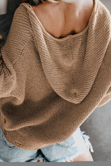 Khaki Zipper V-neck Dropped Sleeve Hooded Solid Sweater Sweaters & Cardigans JT's Designer Fashion