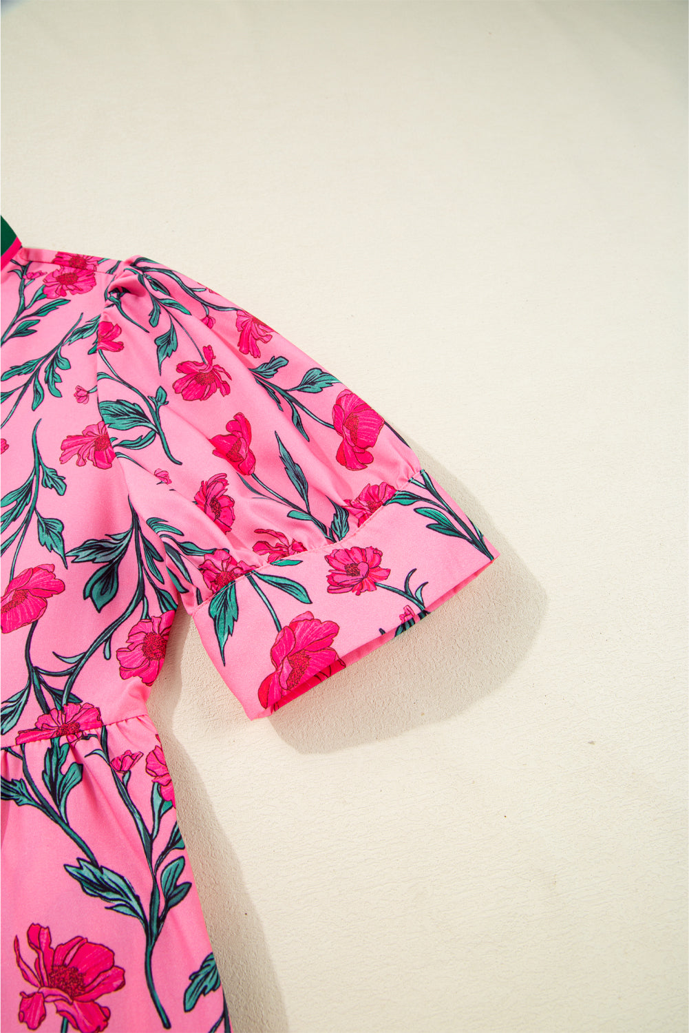 Pink Floral Contrast Neckline A-line Puff Sleeve Long Dress Maxi Dresses JT's Designer Fashion