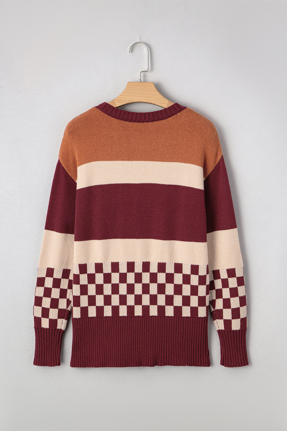 Brown Checkered Color Block Knitted Drop Shoulder Sweater Sweaters JT's Designer Fashion