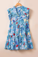 Sky Blue Floral Flutter Sleeve V Neck Ruffled Dress Floral Dresses JT's Designer Fashion