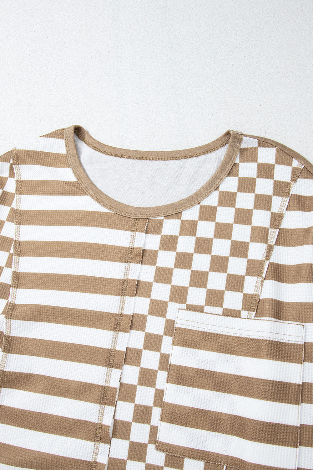 Khaki Checkerboard Striped Patchwork Lantern Sleeve Pocketed Blouse Long Sleeve Tops JT's Designer Fashion