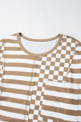 Khaki Checkerboard Striped Patchwork Lantern Sleeve Pocketed Blouse Long Sleeve Tops JT's Designer Fashion