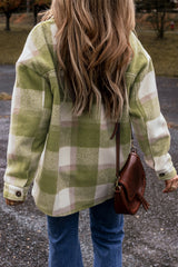 Sage Green Plaid Print Buttoned Flap Pockets Baggy Shacket Plaid Shackets JT's Designer Fashion