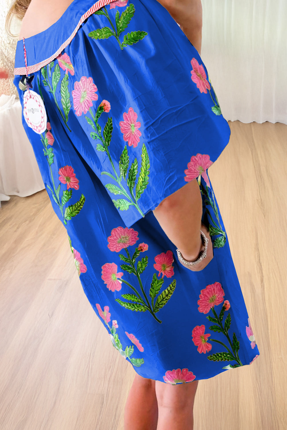 Blue Floral Short Sleeve Split Neck Loose Mini Dress Floral Dresses JT's Designer Fashion