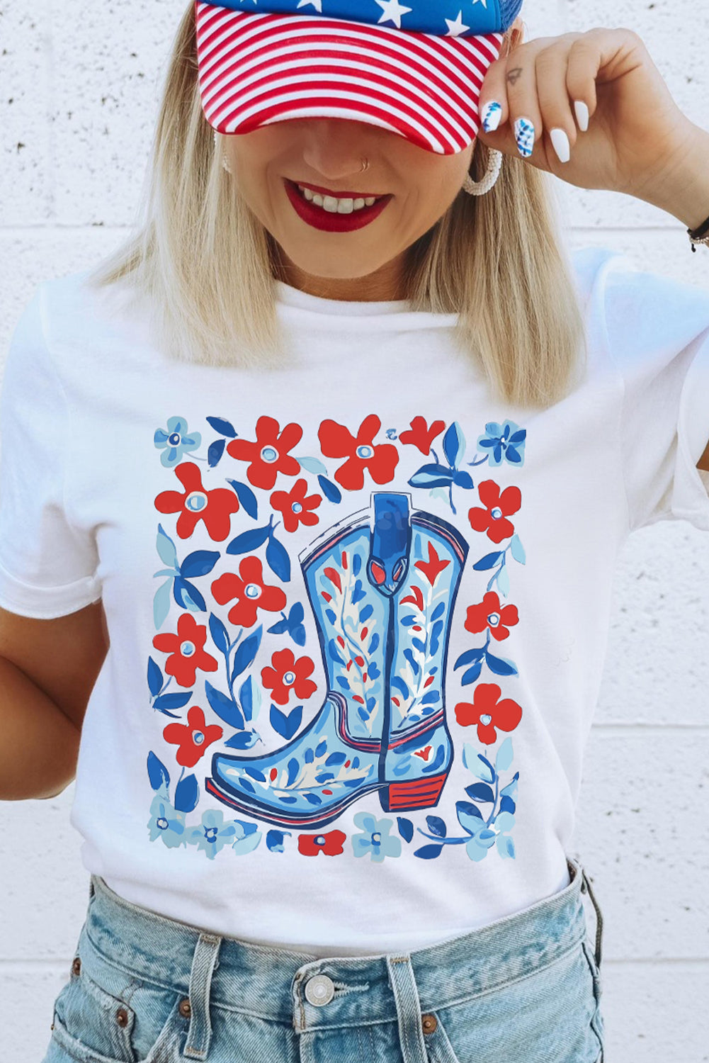 White Floral Western Boots Printed Cotton Blend T Shirt Graphic Tees JT's Designer Fashion