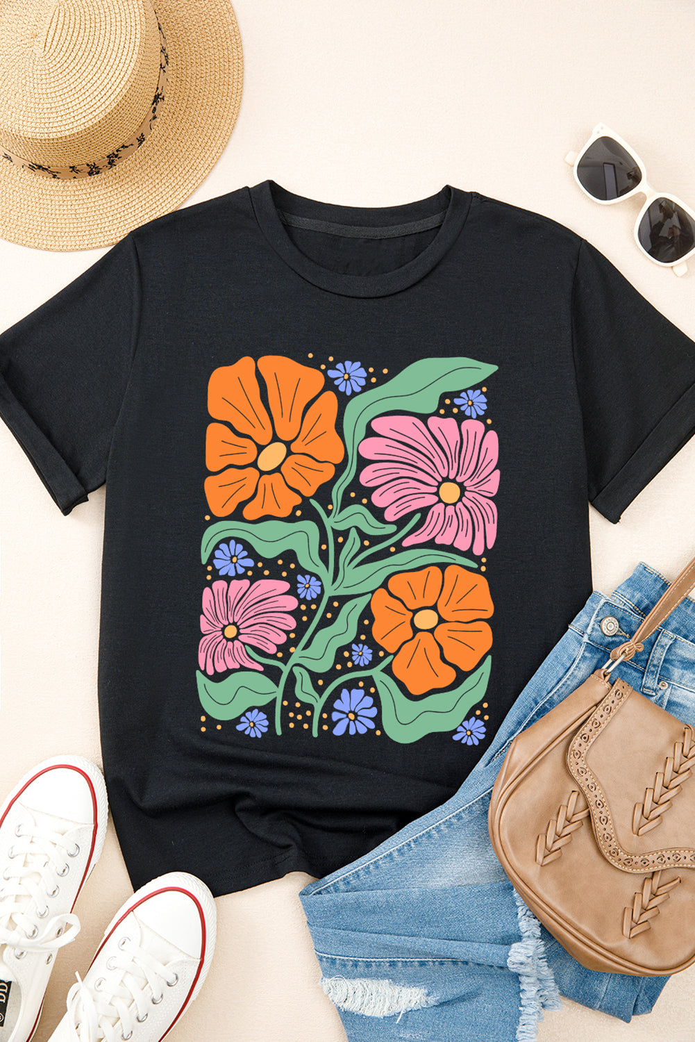 Black Colorful Flower Graphic Crewneck Summer Tee Graphic Tees JT's Designer Fashion