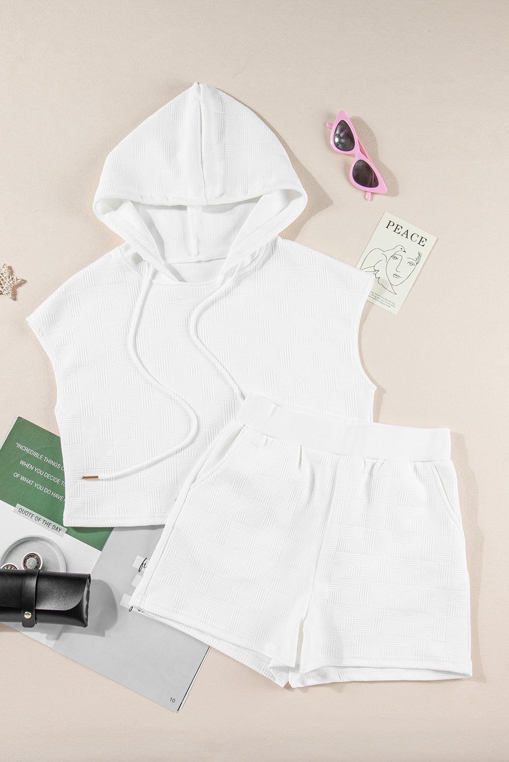 White Textured Cropped Hoodie and Shorts Set Short Sets JT's Designer Fashion