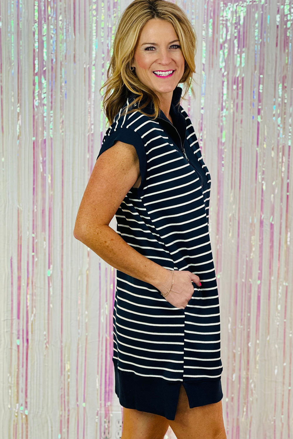 Navy Blue Striped Quarter Zip Collared Cap Sleeve Mini Dress Dresses JT's Designer Fashion