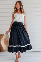 Black Ricrac Trim Colorblock High Waist Long Skirt Bottoms JT's Designer Fashion