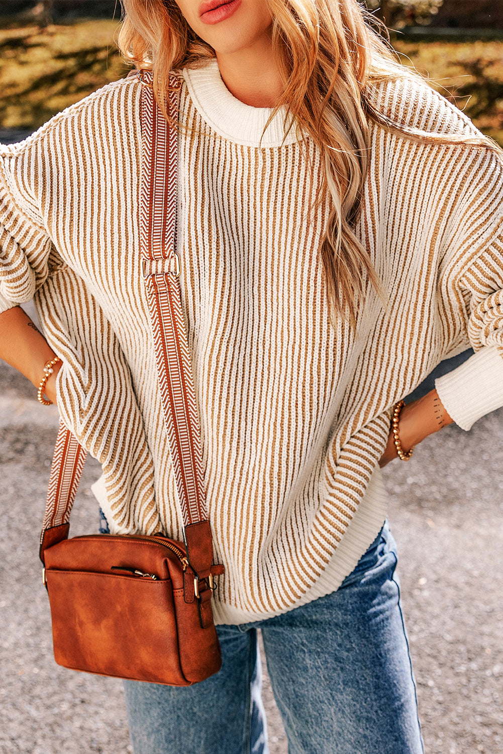 Chestnut Striped Textured Knit Contrast Edge Loose Sweater Sweaters JT's Designer Fashion