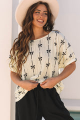 Beige Bow Print Puff Short Sleeve Top Blouses & Shirts JT's Designer Fashion